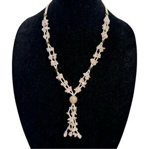 Light Blush Pink Beaded Crystal Tassel Statement Necklace Handmade 24"